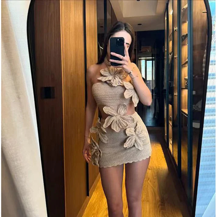 Two-Piece Effect Crochet Mini Dress with Floral Details