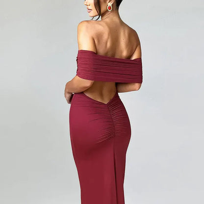 Ruched Off-Shoulder Floor-Length Dress