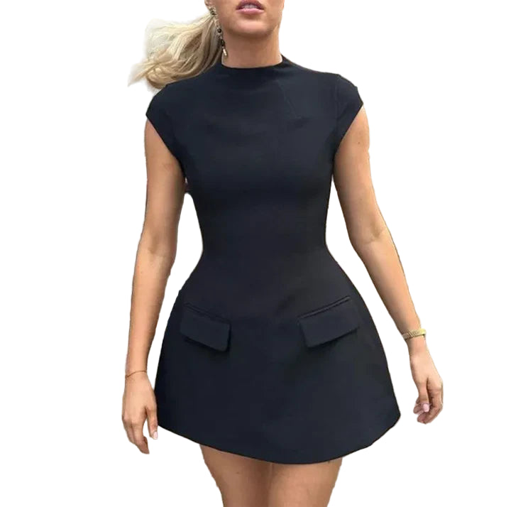 Cap Sleeve Mini Dress with Defined Waist and Flared Hem