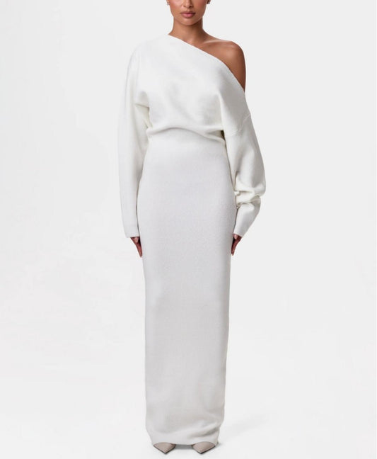 Maxi Dress with Asymmetric Neckline and Fitted Lower Skirt