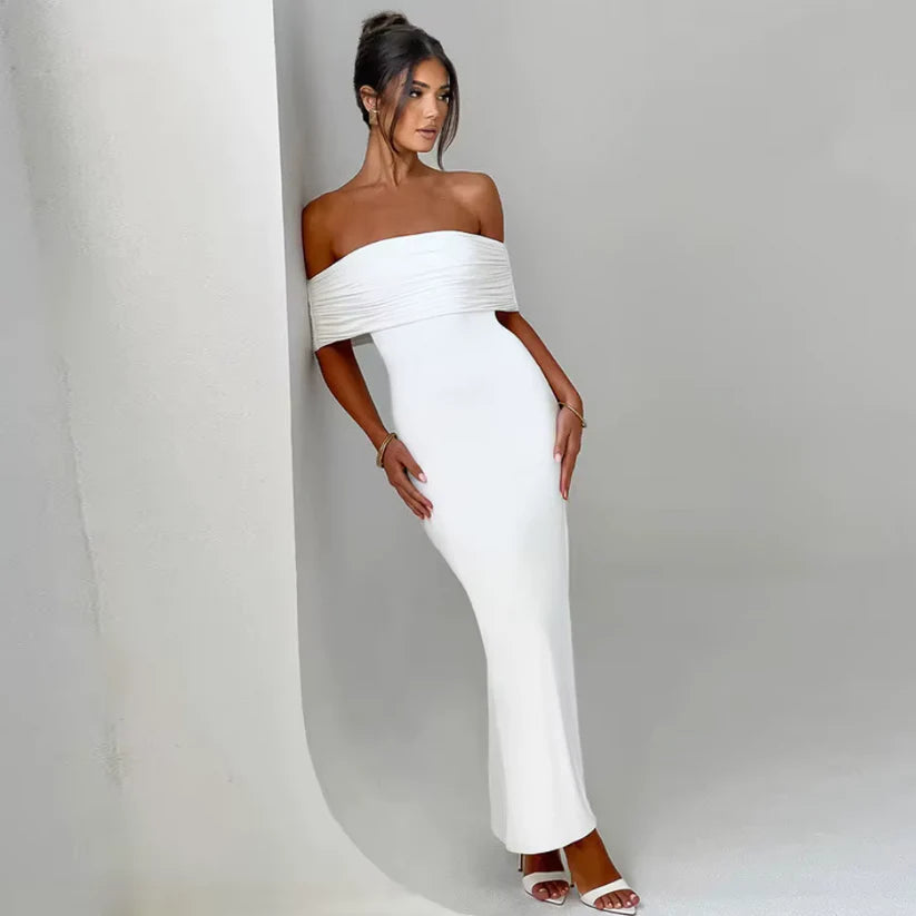 Ruched Off-Shoulder Floor-Length Dress