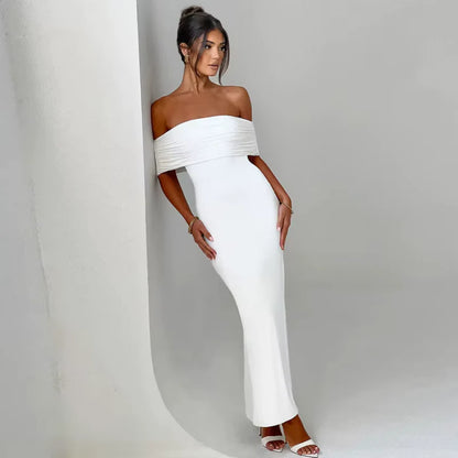 Ruched Off-Shoulder Floor-Length Dress
