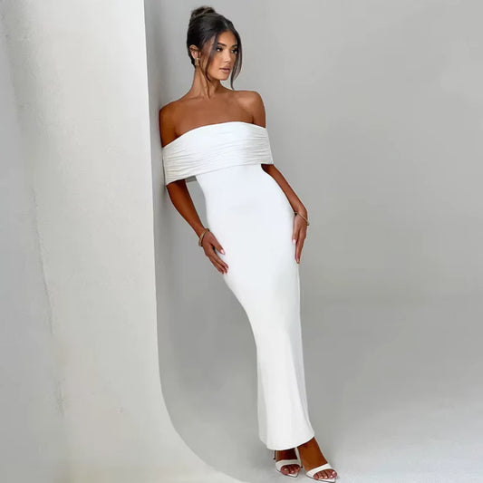 Ruched Off-Shoulder Floor-Length Dress