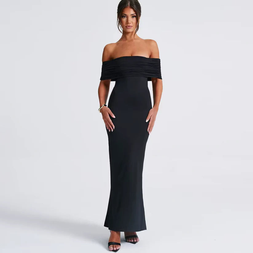 Ruched Off-Shoulder Floor-Length Dress
