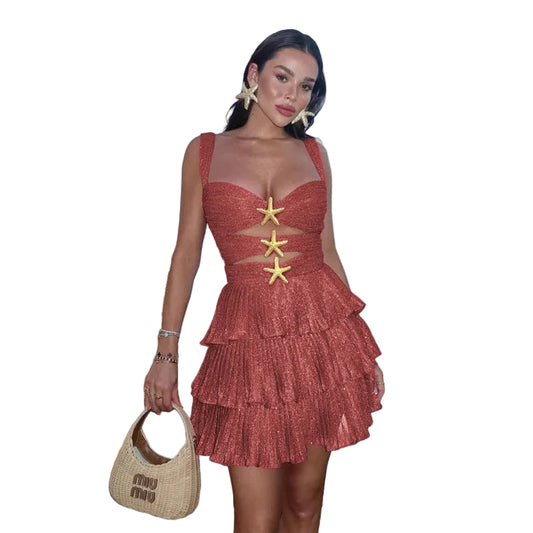 Star-Appliqué Mini Dress with Horizontal Cut-Outs