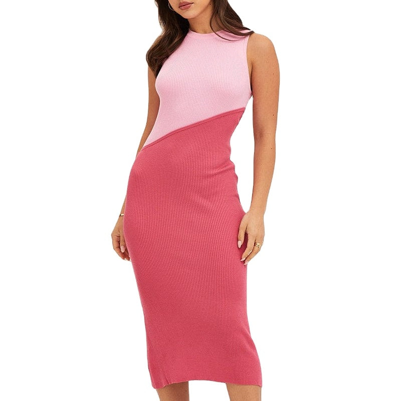 Two-Tone Ribbed Midi Dress with Straight Hem