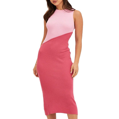 Two-Tone Ribbed Midi Dress with Straight Hem