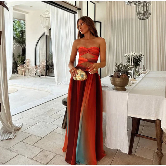 Strapless Maxi Dress with Fitted Upper and Flowing Skirt