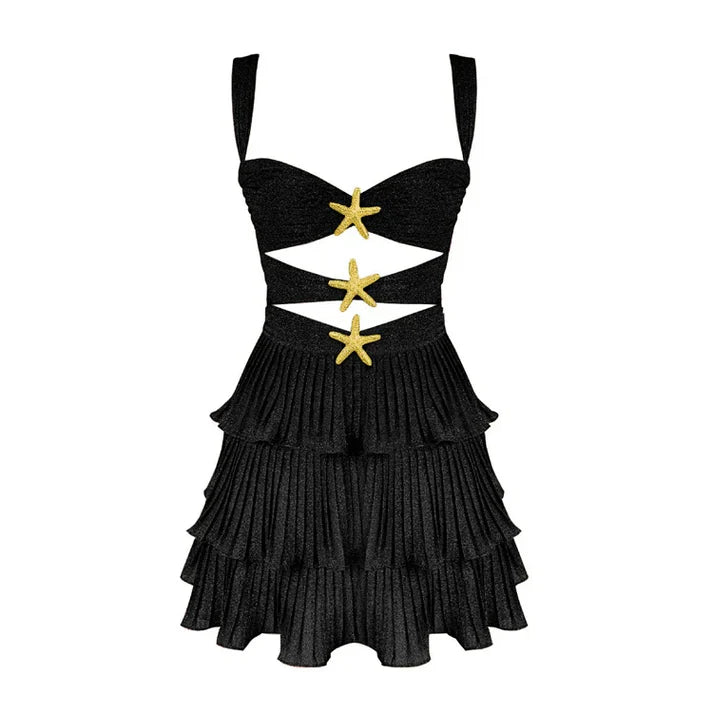 Star-Appliqué Mini Dress with Horizontal Cut-Outs