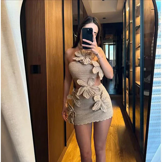 Two-Piece Effect Crochet Mini Dress with Floral Details